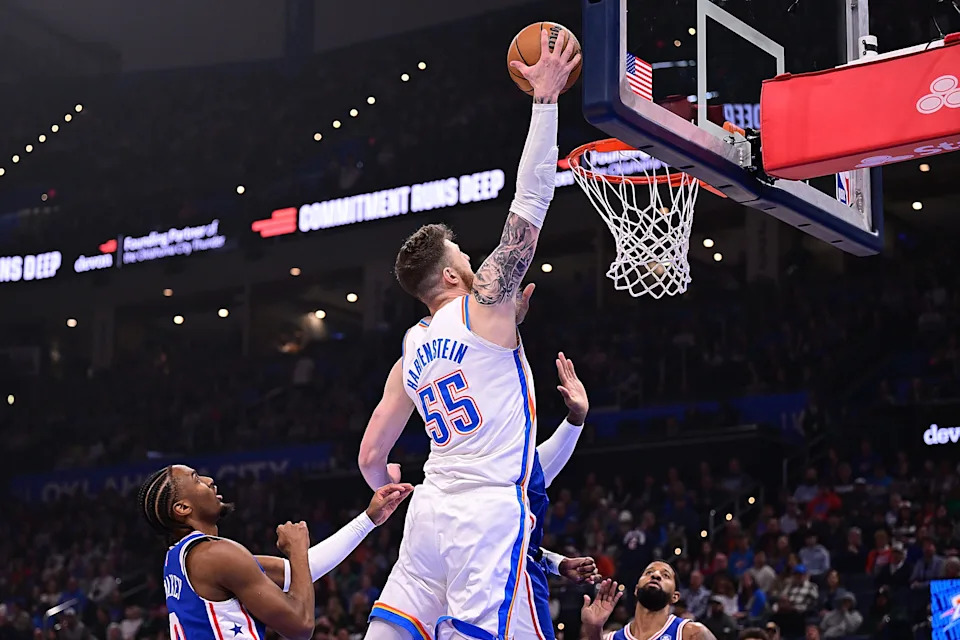 OKLAHOMA CITY, OKLAHOMA - DECEMBER 28: Isaiah Hartenstein #55 of the Oklahoma City Thunder rises up for a shot during the first half against the Philadelphia 76ers at Paycom Center on December 28, 2025 in Oklahoma City, Oklahoma. NOTE TO USER: User expressly acknowledges and agrees that, by downloading and or using this photograph, User is consenting to the terms and conditions of the Getty Images License Agreement. (Photo by Joshua Gateley/Getty Images)