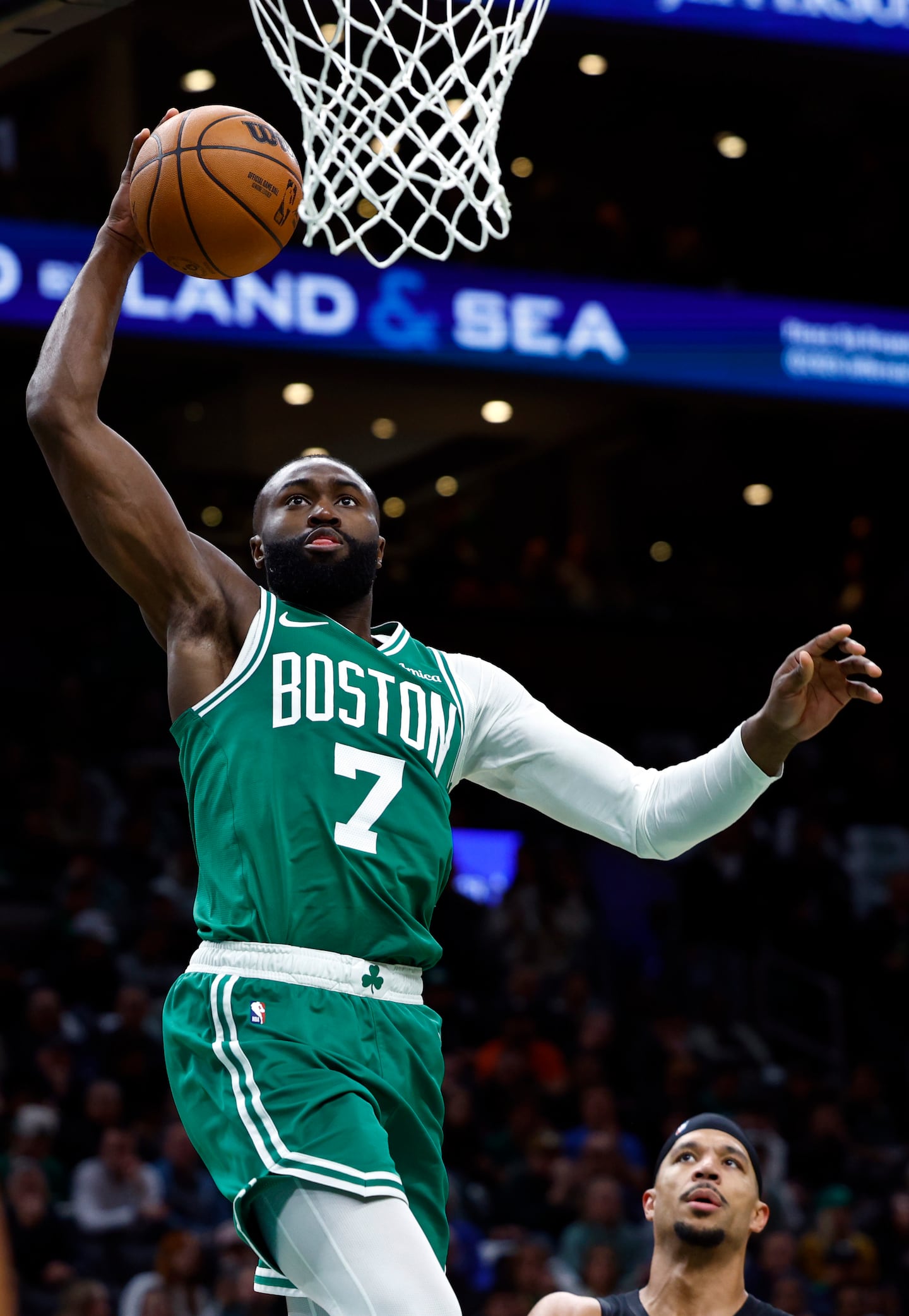 The Knick's Josh Hart can only watch as Jaylen Brown drives to the hoop during his 18-point second quarter.