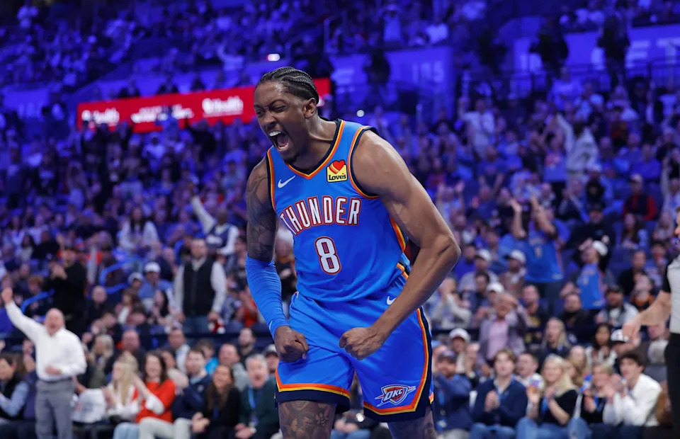 Dec 18, 2025; Oklahoma City, Oklahoma, USA; Oklahoma City Thunder guard Jalen Williams (8) screams and celebrates after dunking against the Los Angeles Clippers during the second quarter at Paycom Center. Mandatory Credit: Alonzo Adams-Imagn Images