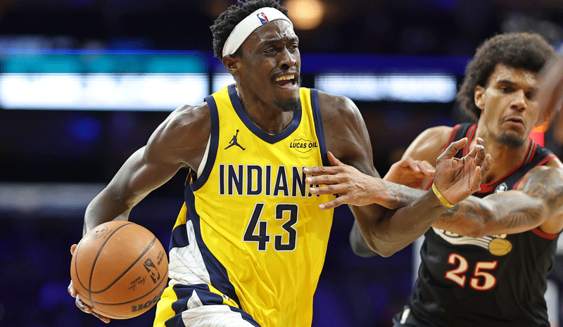 Indiana Pacers forward Pascal Siakam (43) drives against Philadelphia 76ers forward Dominick Barlow (25) during the third quarter at Xfinity Mobile Arena.
