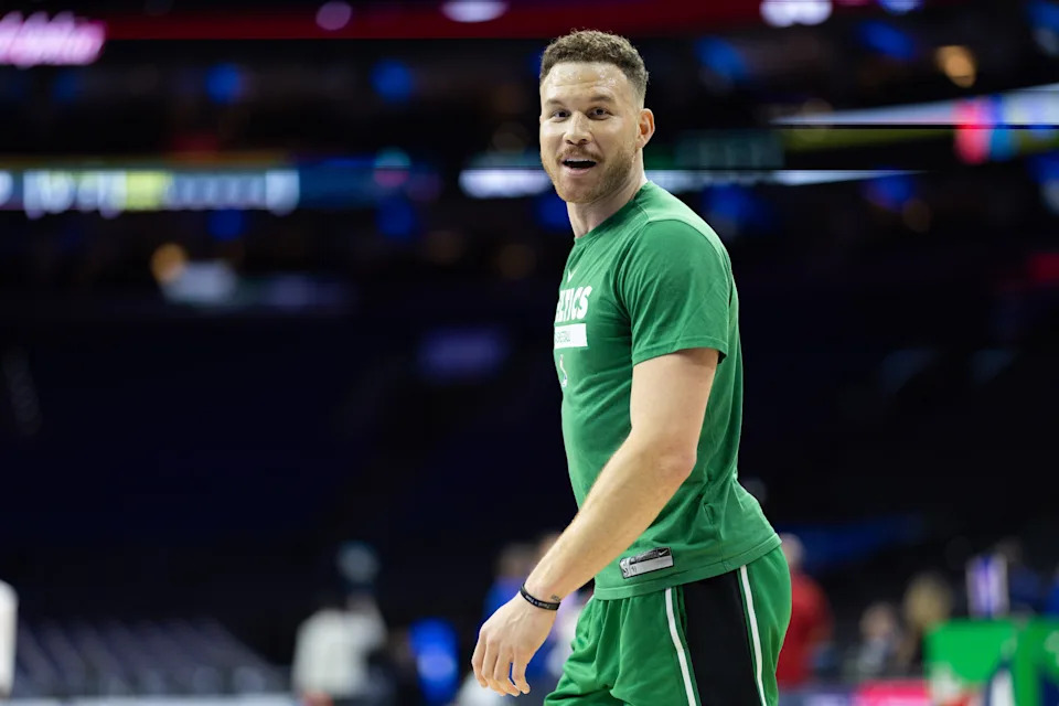Apr 4, 2023; Philadelphia, Pennsylvania, USA; Boston Celtics forward Blake Griffin before action against the Philadelphia 76ers at Wells Fargo Center. Mandatory Credit: Bill Streicher-USA TODAY Sports