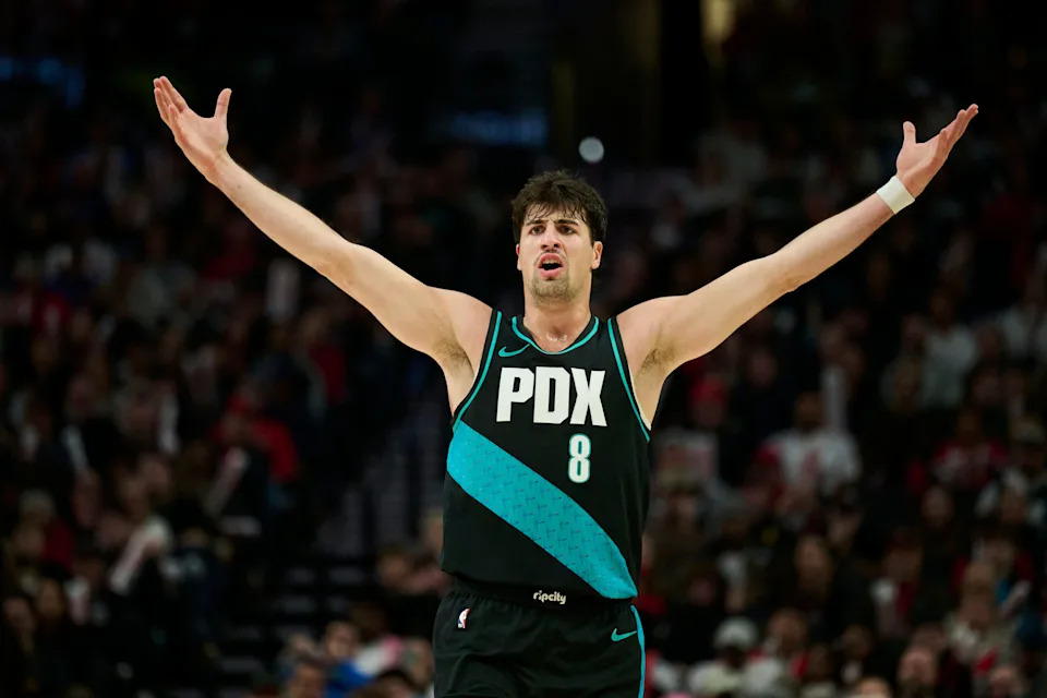 Nov 30, 2025; Portland, Oregon, USA; Portland Trail Blazers forward Deni Avdija (8) reacts toward an official during the second half in a game against the Oklahoma City Thunder at Moda Center. Mandatory Credit: Troy Wayrynen-Imagn Images