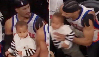 Josh Hart Suddenly Tosses 2-Year-Old Son to Teammate Mitchell Robinson on Knicks Bench to Jump Back in Game