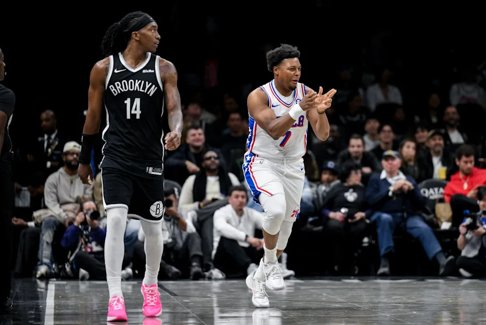 Nov 2, 2025; Brooklyn, New York, USA; Philadelphia 76ers guard Kyle Lowry (7) reacts after scoring a three point basket against the Brooklyn Nets during the second half at Barclays Center. Mandatory Credit: John Jones-Imagn Images