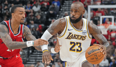 Los Angeles Lakers forward Lebron James (23) is defended by LA Clippers forward John Collins (20) in the second half at Intuit Dome.