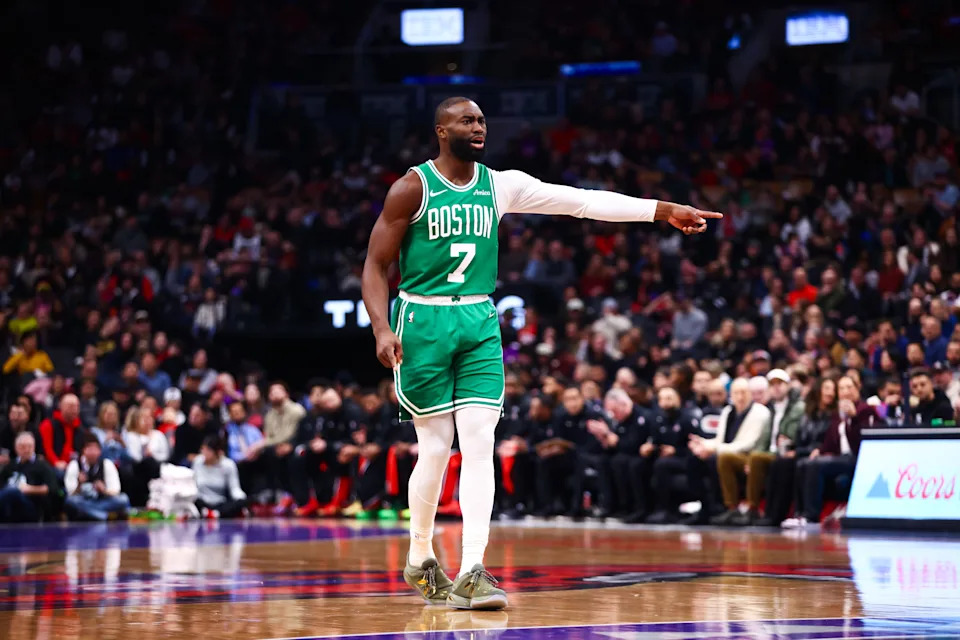 TORONTO, CANADA - DECEMBER 7: Jaylen Brown #7 of the Boston Celtics calls out to teammates during the first half of their NBA game against the Toronto Raptors at Scotiabank Arena on December 7, 2025 in Toronto, Ontario, Canada. NOTE TO USER: User expressly acknowledges and agrees that, by downloading and/or using this Photograph, user is consenting to the terms and conditions of the Getty Images License Agreement (Photo by Cole Burston/Getty Images)