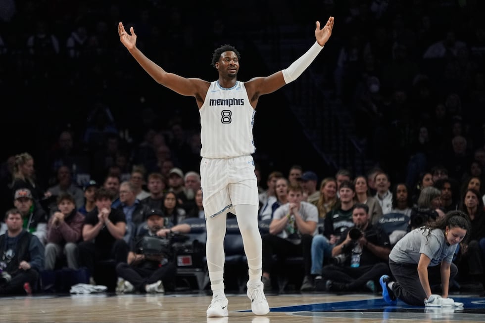 Memphis Grizzlies forward Jaren Jackson Jr. (8) looks toward a referee during the first half...