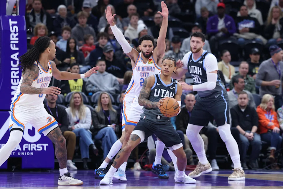 Dec 7, 2025; Salt Lake City, Utah, USA; Utah Jazz guard Keyonte George (3) looks for the play against the Oklahoma City Thunder during the first quarter at Delta Center. Mandatory Credit: Rob Gray-Imagn Images