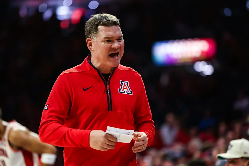 Arizona Wildcats head coach Tommy Lloyd yells out towards his bench during the first half of the game against the Auburn Tigers at McKale Memorial Center on Dec. 6, 2025, in Tucson.