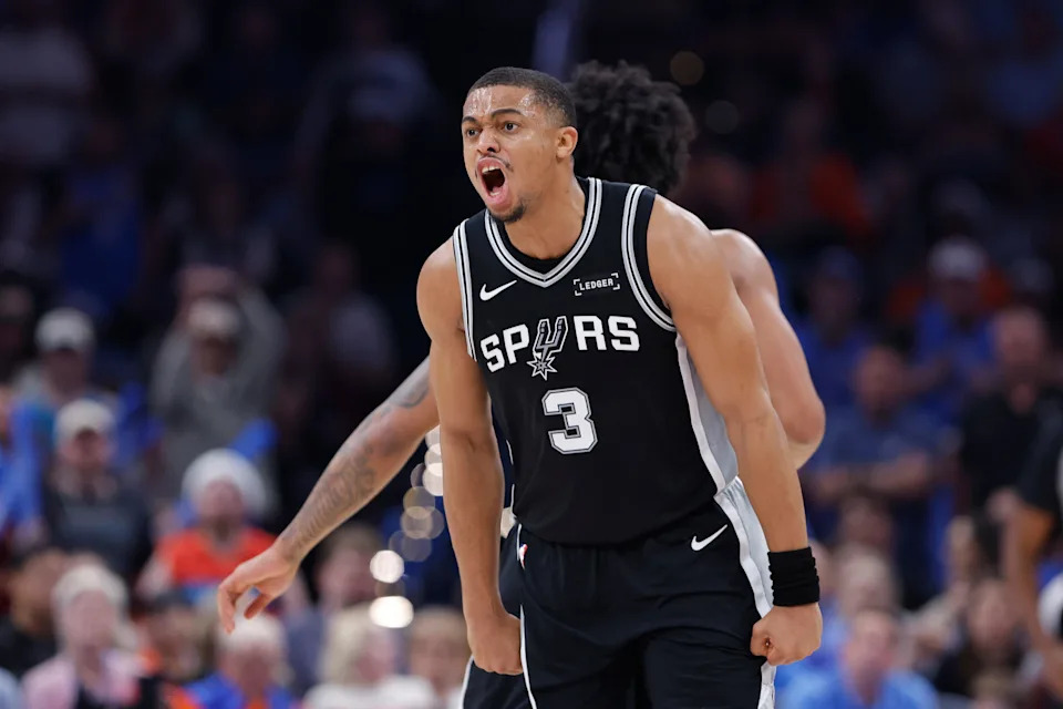 Dec 25, 2025; Oklahoma City, Oklahoma, USA; San Antonio Spurs forward Keldon Johnson (3) celebrates after scoring against the Oklahoma City Thunder during the second half at Paycom Center. Mandatory Credit: Alonzo Adams-Imagn Images