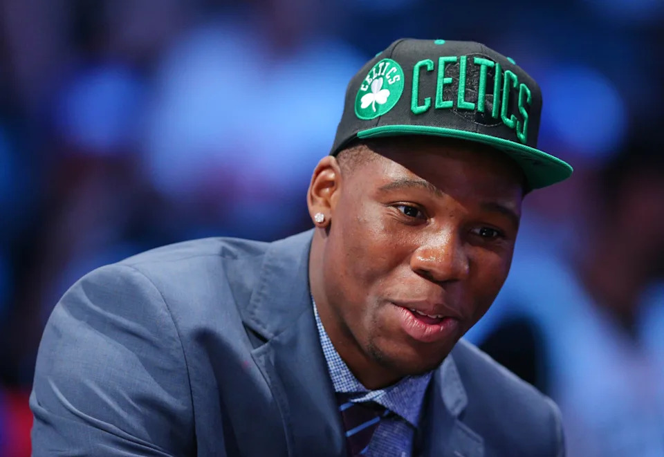 Jun 23, 2016; New York, NY, USA; Guerschon Yabusele is interviewed after being selected as the number sixteen overall pick to the Boston Celtics in the first round of the 2016 NBA Draft at Barclays Center. Mandatory Credit: Brad Penner-USA TODAY Sports