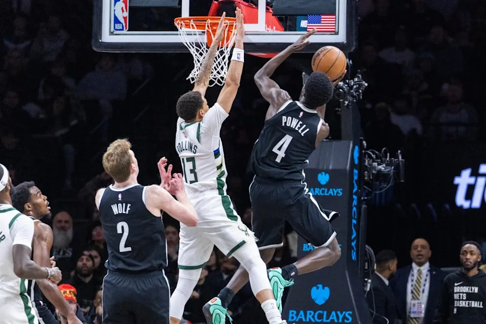 Drake Powell #4 of the Brooklyn Nets goes up for a shot as Ryan Rollins #13 of the Milwaukee Bucks defends during the second half at Barclays Center, Sunday, Dec. 14, 2025, in Brooklyn, NY. Corey Sipkin for the NY POST