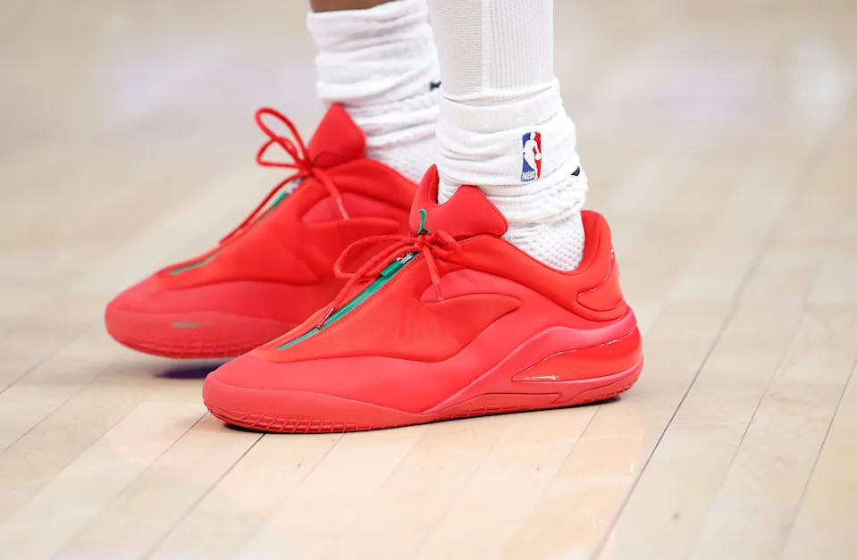 Dec 25, 2025; Oklahoma City, Oklahoma, USA; A close up view of Oklahoma City Thunder guard Shai Gilgeous-Alexander’s shoes during warms ups before a game against the San Antonio Spurs at Paycom Center. Mandatory Credit: Alonzo Adams-Imagn Images