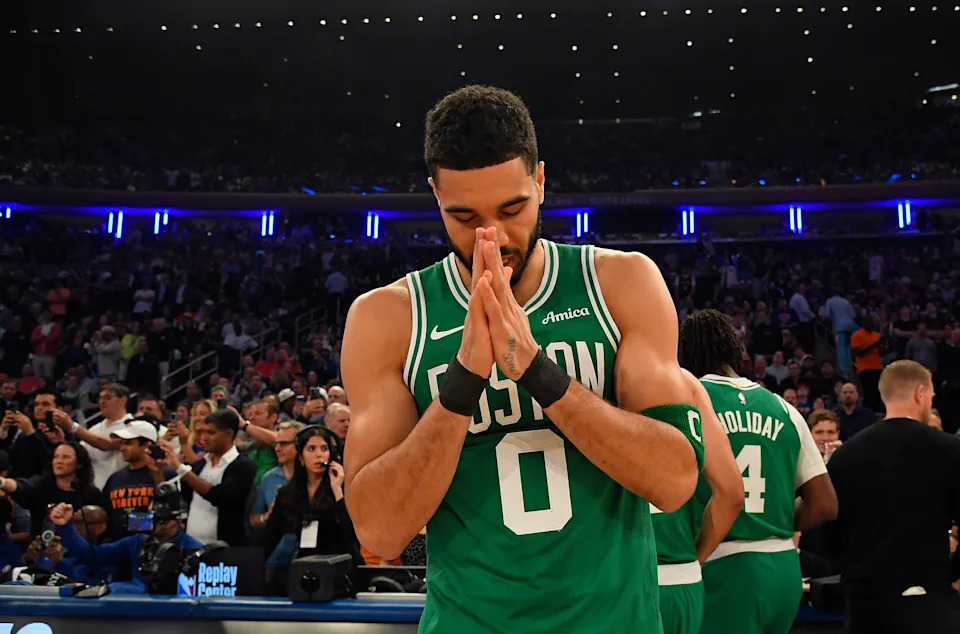 NEW YORK, NY – MAY 10: Jayson Tatum #0 of the Boston Celtics looks on before the game against the New York Knicks during Round Two Game Three of the 2025 NBA Playoffs on May 10, 2025 at Madison Square Garden in New York City, New York. NOTE TO USER: User expressly acknowledges and agrees that, by downloading and or using this photograph, User is consenting to the terms and conditions of the Getty Images License Agreement. Mandatory Copyright Notice: Copyright 2025 NBAE (Photo by Brian Babineau/NBAE via Getty Images)