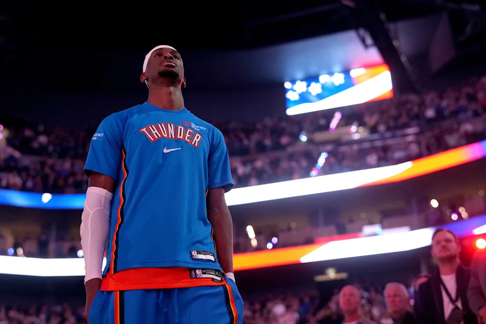 Dec 2, 2025; San Francisco, California, USA; Oklahoma City Thunder guard Shai Gilgeous-Alexander (2) stands on the court before the start of the game against the Golden State Warriors at the Chase Center. Mandatory Credit: Cary Edmondson-Imagn Images