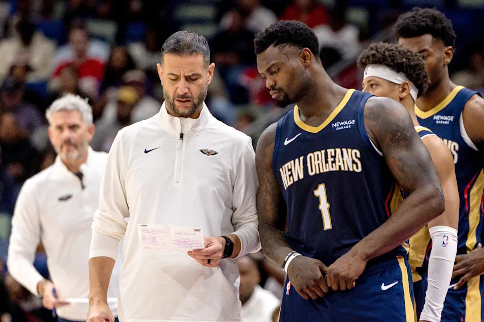 New Orleans Pelicans forward Zion Williamson speaks to interim head coach James BorregoStephen Lew-Imagn Images