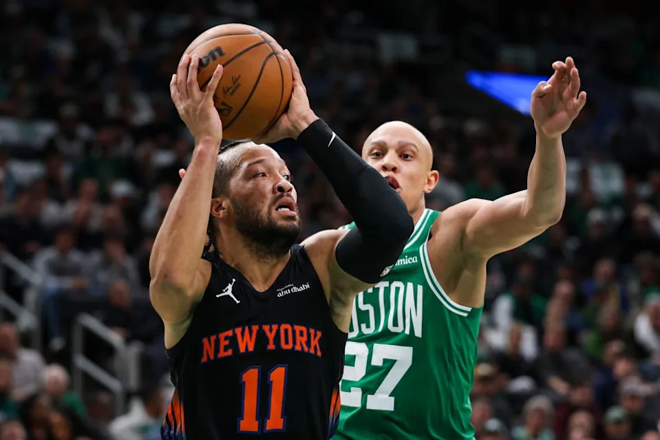 Jordan Walsh of the Boston Celtics guards Jalen Brunson of the New York Knicks in the first quarter of a game at TD Garden on December 2, 2025 in Boston, Massachusetts. Getty Images