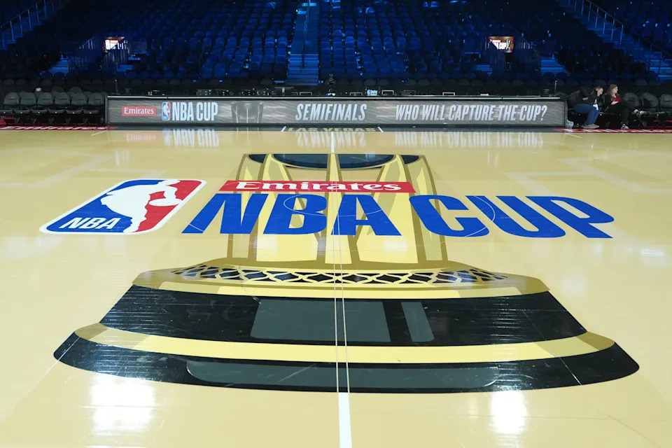 Dec 13, 2025; Las Vegas, Nevada, USA; The NBA Cup midcourt logo following a game between the San Antonio Spurs and the Oklahoma City Thunder at T-Mobile Arena. Mandatory Credit: Kirby Lee-Imagn Images