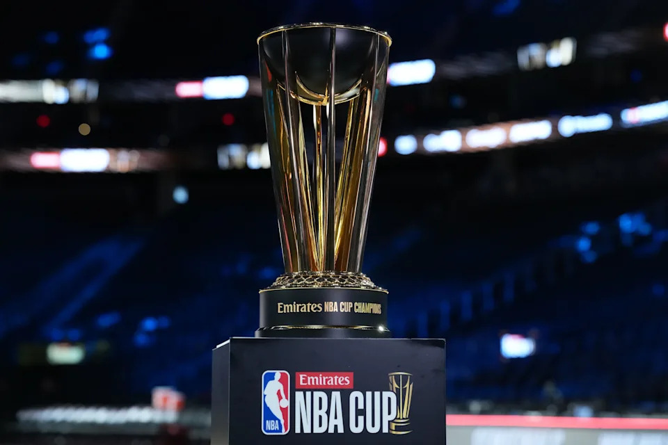 Dec 13, 2025; Las Vegas, Nevada, USA; The NBA Cup Trophy on the court following the game between the San Antonio Spurs and the Oklahoma City Thunder at T-Mobile Arena. Mandatory Credit: Kirby Lee-Imagn Images