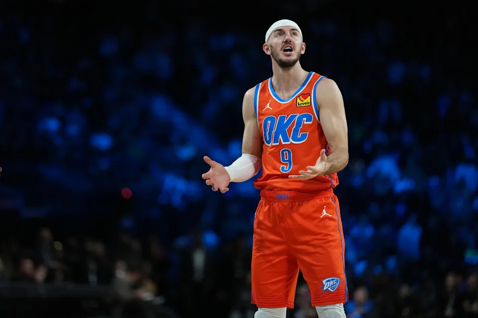 Dec 13, 2025; Las Vegas, Nevada, USA; Oklahoma City Thunder guard Alex Caruso (9) reacts in the games closing seconds against the San Antonio Spurs during the fourth quarter at T-Mobile Arena. Mandatory Credit: Kirby Lee-Imagn Images