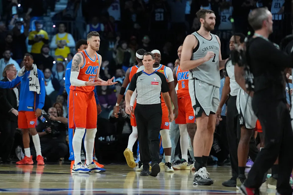 Dec 13, 2025; Las Vegas, Nevada, USA; Oklahoma City Thunder center Isaiah Hartenstein (55) reacts after the final buzzer of a game against the San Antonio Spurs at T-Mobile Arena. Mandatory Credit: Kirby Lee-Imagn Images