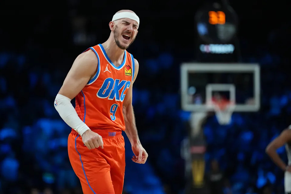Dec 13, 2025; Las Vegas, Nevada, USA; Oklahoma City Thunder guard Alex Caruso (9) reacts in the games closing seconds against the San Antonio Spurs during the fourth quarter at T-Mobile Arena. Mandatory Credit: Kirby Lee-Imagn Images