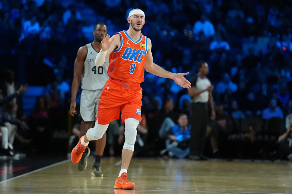 Dec 13, 2025; Las Vegas, Nevada, USA; Oklahoma City Thunder guard Alex Caruso (9) reacts against the San Antonio Spurs during the third quarter at T-Mobile Arena. Mandatory Credit: Kirby Lee-Imagn Images