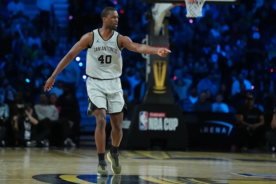 Dec 13, 2025; Las Vegas, Nevada, USA; San Antonio Spurs forward Harrison Barnes (40) reacts during the third quarter against the Oklahoma City Thunder at T-Mobile Arena. Mandatory Credit: Kirby Lee-Imagn Images