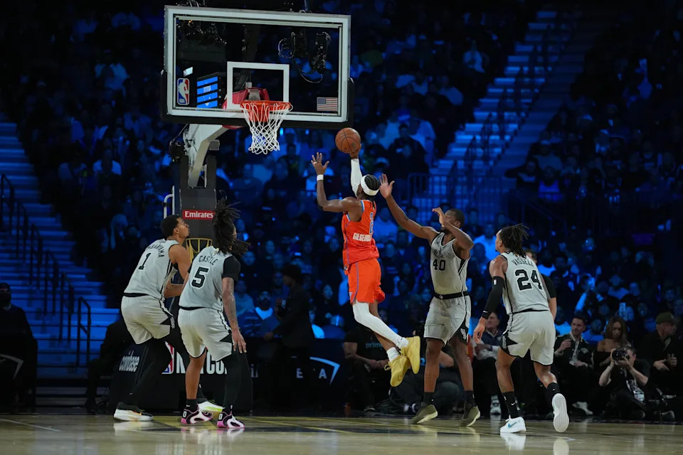 Dec 13, 2025; Las Vegas, Nevada, USA; Oklahoma City Thunder guard Shai Gilgeous-Alexander (2) goes to the basket against the San Antonio Spurs during the third quarter at T-Mobile Arena. Mandatory Credit: Kirby Lee-Imagn Images