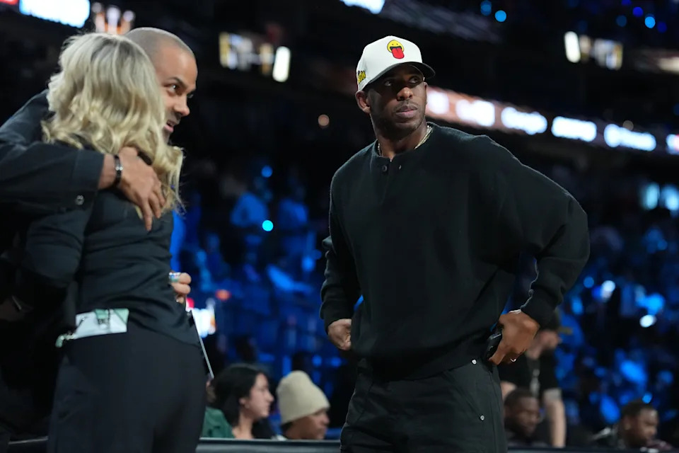 Dec 13, 2025; Las Vegas, Nevada, USA; Former NBA player Chris Paul in attendance for a game between the San Antonio Spurs and the Oklahoma City Thunder at T-Mobile Arena. Mandatory Credit: Kirby Lee-Imagn Images
