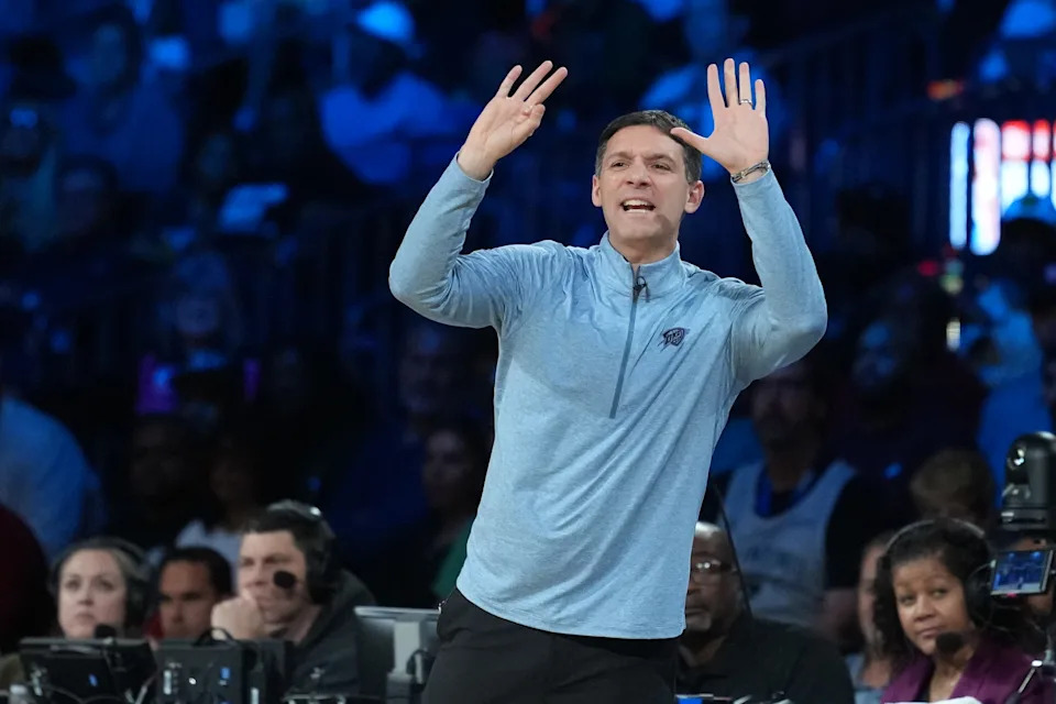 Dec 13, 2025; Las Vegas, Nevada, USA; Oklahoma City Thunder head coach Mark Daigneault calls a play from the sidelines against the San Antonio Spurs during the second quarter at T-Mobile Arena. Mandatory Credit: Kirby Lee-Imagn Images