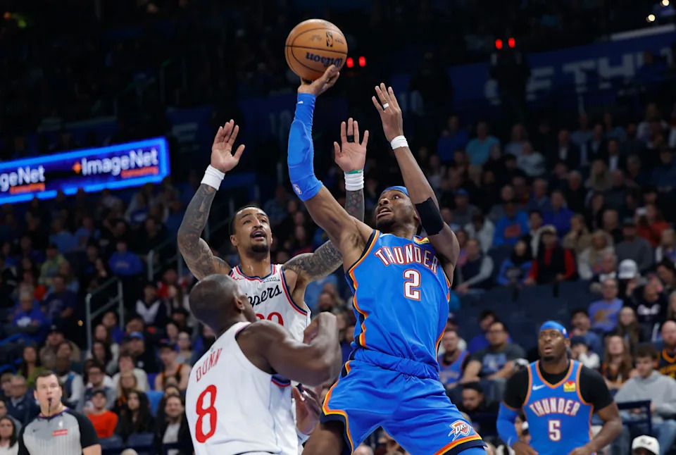 Dec 18, 2025; Oklahoma City, Oklahoma, USA; Oklahoma City Thunder guard Shai Gilgeous-Alexander (2) shoots against the Los Angeles Clippers during the second quarter at Paycom Center. Mandatory Credit: Alonzo Adams-Imagn Images