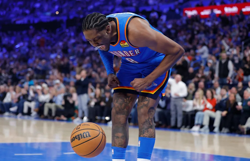Dec 18, 2025; Oklahoma City, Oklahoma, USA; Oklahoma City Thunder guard Jalen Williams screams at the ball as he celebrates after dunking against the Los Angeles Clippers during the second quarter at Paycom Center. Mandatory Credit: Alonzo Adams-Imagn Images