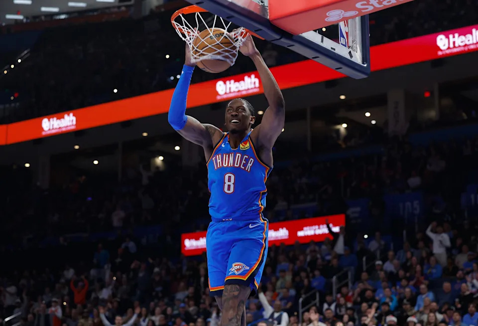 Dec 18, 2025; Oklahoma City, Oklahoma, USA; Oklahoma City Thunder guard Jalen Williams (8) dunks against the Los Angeles Clippers during the second quarter at Paycom Center. Mandatory Credit: Alonzo Adams-Imagn Images