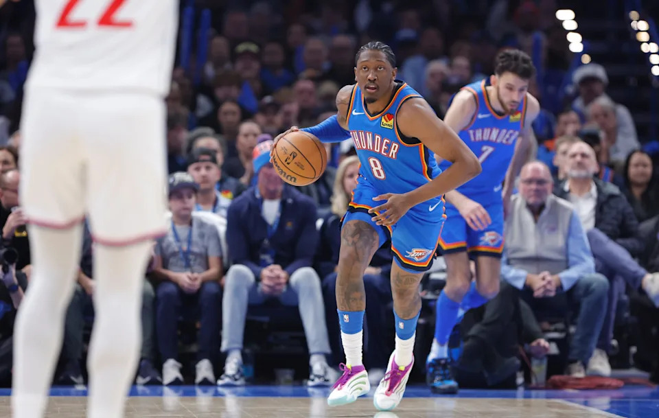 Dec 18, 2025; Oklahoma City, Oklahoma, USA; Oklahoma City Thunder guard Jalen Williams (8) dribbles down the court against the Los Angeles Clippers during the second quarter at Paycom Center. Mandatory Credit: Alonzo Adams-Imagn Images