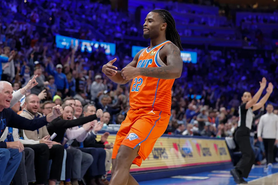 Dec 29, 2025; Oklahoma City, Oklahoma, USA; Oklahoma City Thunder guard Cason Wallace (22) gestures after scoring a three point basket against the Atlanta Hawks during the second half at Paycom Center. Mandatory Credit: Alonzo Adams-Imagn Images