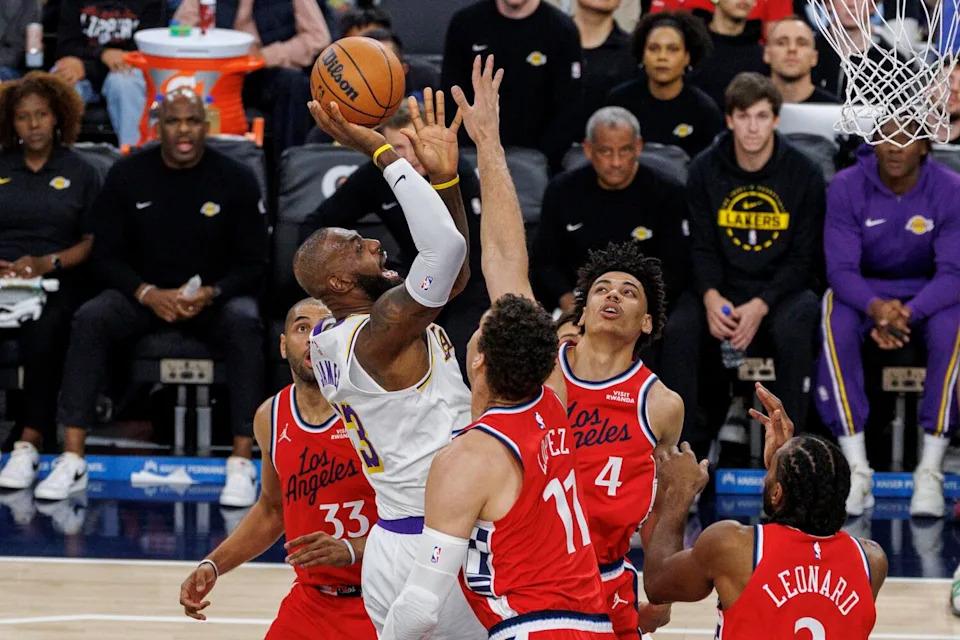 LeBron James puts up a shot.