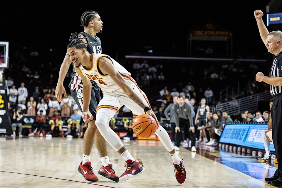 USC guard Chad Baker-Mazara (4) reacts after being fouled during a Big Ten Conference college basketball game against the Washington State Cougars, Sunday December 14, 2025 in Los Angeles, Calif.