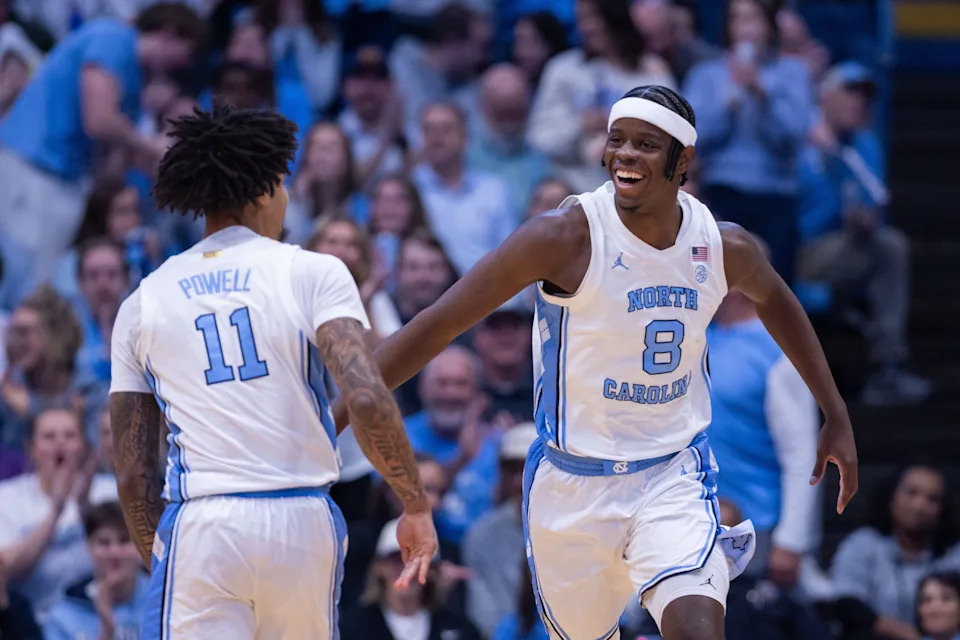 Dec 22, 2025; Chapel Hill, North Carolina, USA; North Carolina Tar Heels forward Caleb Wilson (8) celebrates during the first half against the East Carolina Pirates at Dean E. Smith Center. Mandatory Credit: Scott Kinser-Imagn Images