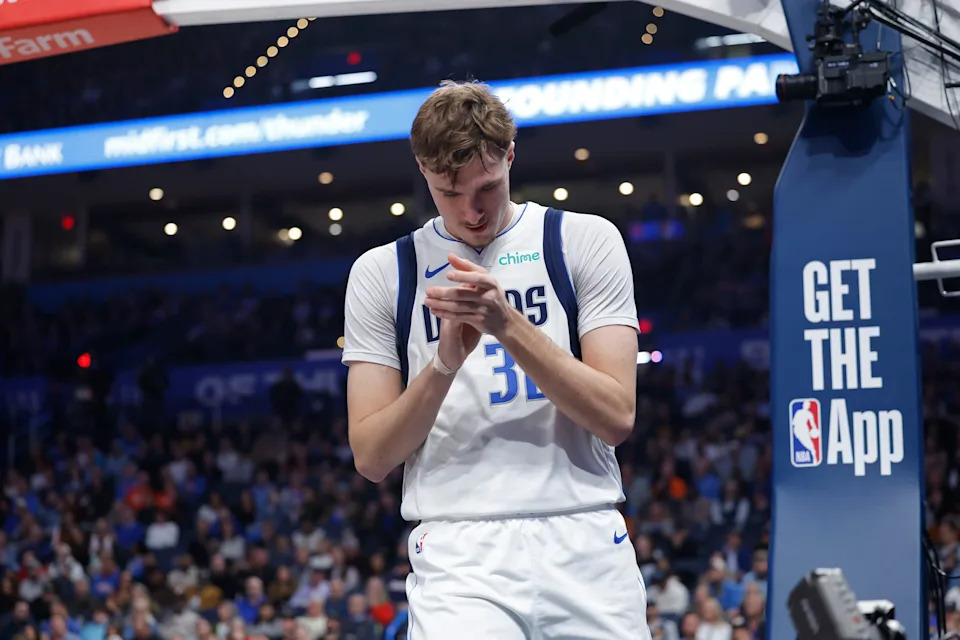 Dec 5, 2025; Oklahoma City, Oklahoma, USA; Dallas Mavericks forward Cooper Flagg (32) reacts after a play against the Oklahoma City Thunder during the second quarter at Paycom Center. Mandatory Credit: Alonzo Adams-Imagn Images