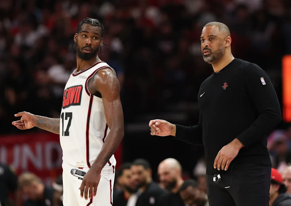 HOUSTON, TEXAS - MARCH 12: Tari Eason #17 reacts alongside Ime Udoka, head coach of the Houston Rockets, during the second half of the game against the Phoenix Suns at Toyota Center on March 12, 2025 in Houston, Texas. NOTE TO USER: User expressly acknowledges and agrees that, by downloading and or using this photograph, User is consenting to the terms and conditions of the Getty Images License Agreement. (Photo by Kenneth Richmond/Getty Images)