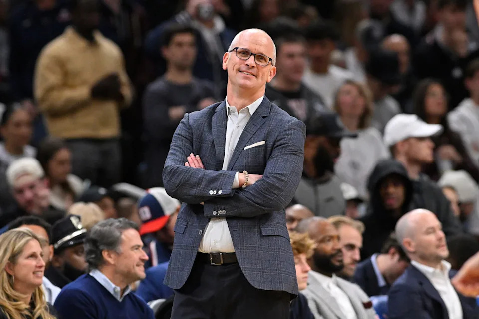 Nov 15, 2025; Boston, Massachusetts, USA; UConn Huskies head coach Dan Hurley reacts to the action on the floor during the second half against the BYU Cougars at TD Garden. Mandatory Credit: Eric Canha-Imagn Images