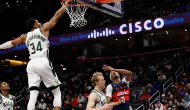 Milwaukee Bucks forward Giannis Antetokounmpo blocks the shot of Washington Wizards guard Bilal Coulibaly in the second half at Capital One Arena.