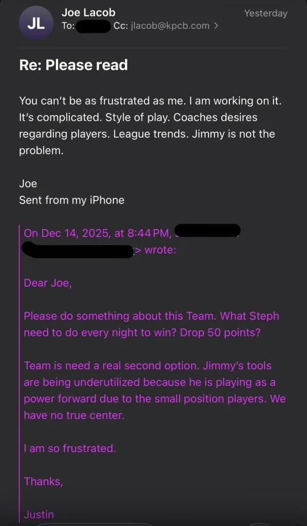 Warriors owner Joe Lacob responds to frustrated fan’s email. Reddit