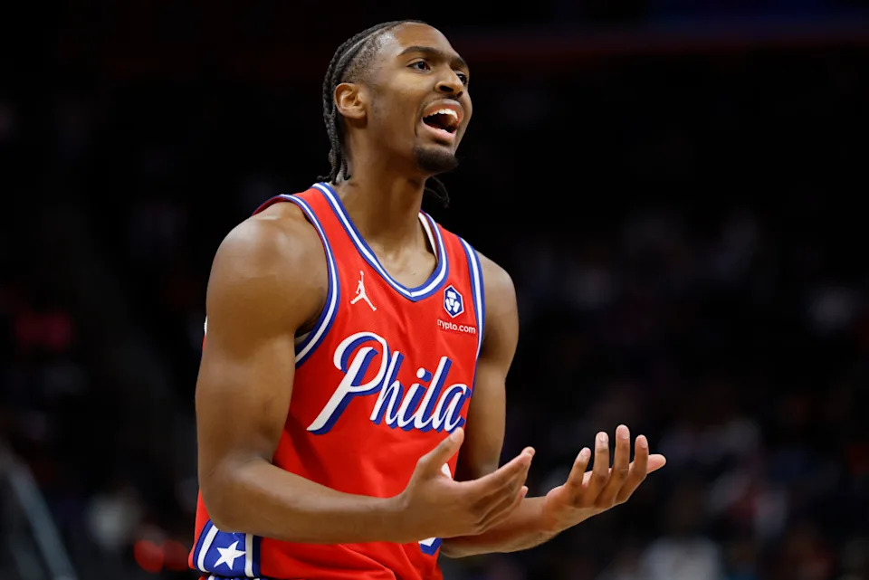 Philadelphia 76ers guard Tyrese Maxey (0) during an NBA game. Rick Osentoski-Imagn Images
