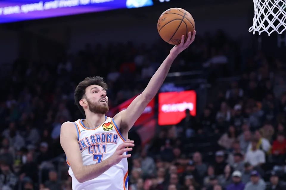 Dec 7, 2025; Salt Lake City, Utah, USA; Oklahoma City Thunder center Chet Holmgren (7) prepares to lay up the ball against the Utah Jazz during the second quarter at Delta Center. Mandatory Credit: Rob Gray-Imagn Images