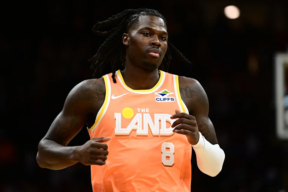 Cleveland Cavaliers forward Chris Livingston (8) runs the floor against the San Antonio Spurs on Dec. 5, 2025, in Cleveland.