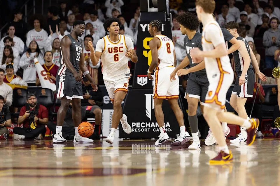 USC forward Jacob Cofie (6) reacts during a Big Ten Conference college basketball game against the Washington State Cougars, Sunday December 14, 2025 in Los Angeles, Calif.