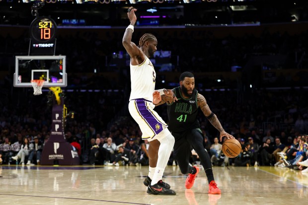 New Orleans Pelicans guard Saddiq Bey (41) dribbles against Lakers...