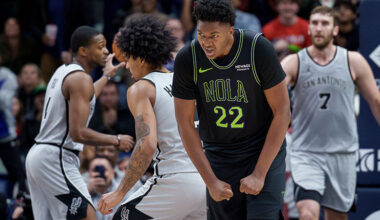 New Orleans Pelicans center Derik Queen (22) reacts after a score during the fourth quarter of an NBA basketball game against the San Antonio Spurs in New Orleans, Monday, Dec. 8, 2025. (AP Photo/Matthew Hinton)